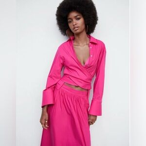 Mango Pink Wrap Button Down Shirt with Notched Collar